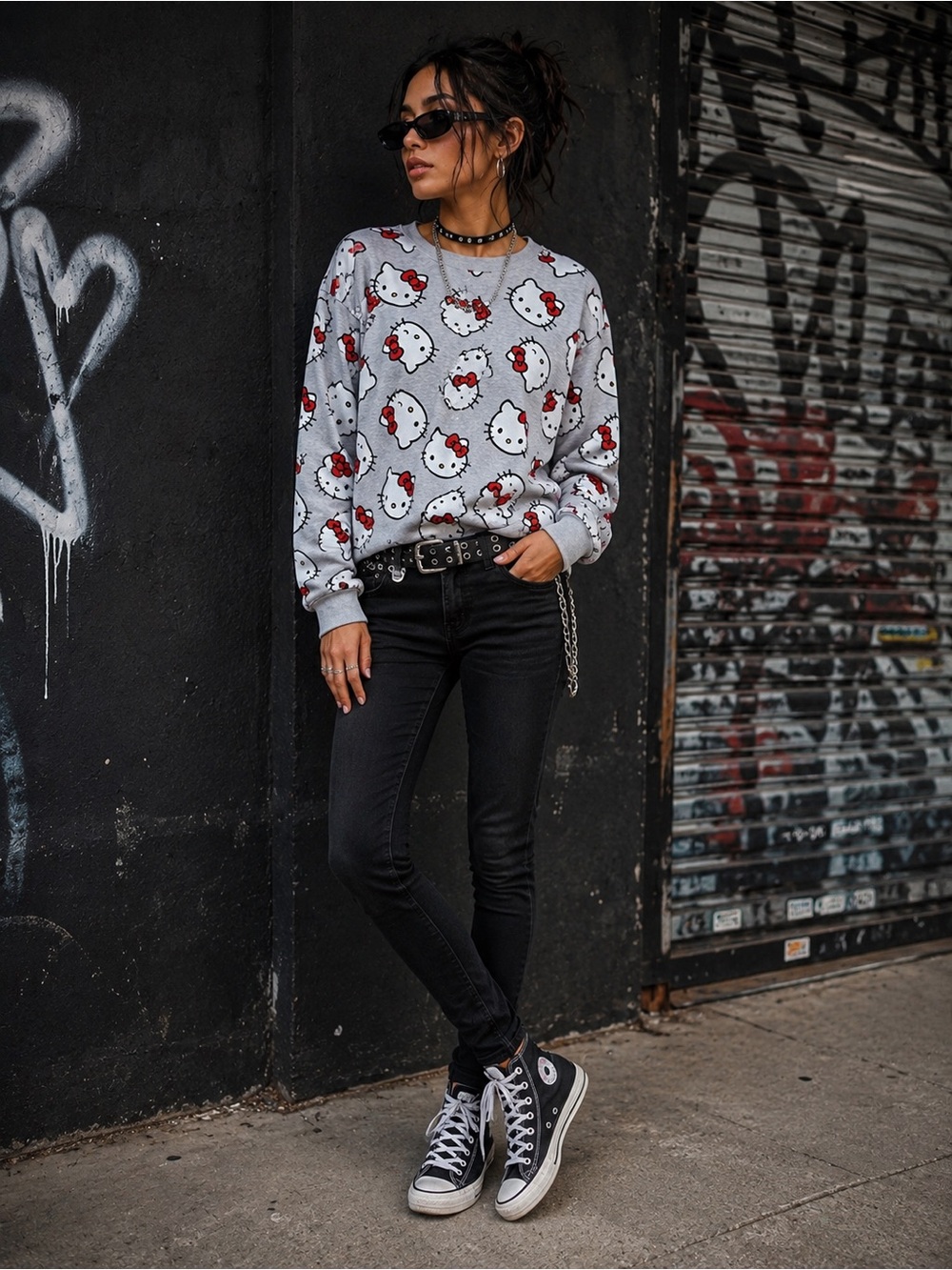 Sanrio Hello Kitty Allover Print Gray Crewneck Sweatshirt